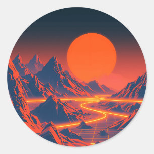 Synthwave Landschap met Neon Mountains Ronde Sticker