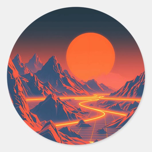 Synthwave Landschap met Neon Mountains Ronde Sticker (Voorkant)