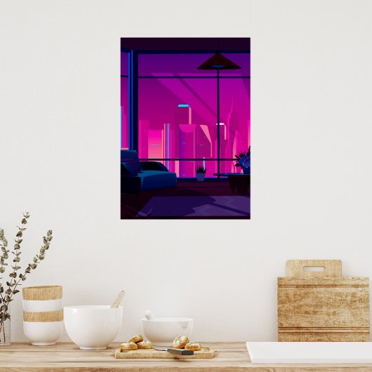Synthwave Neon City: terras, penthouse Poster (Keuken)