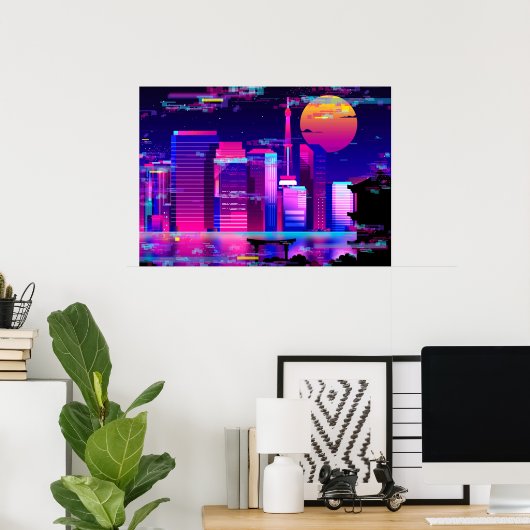 Synthwave Neon City - Tokio glitch Poster (Thuiskantoor)