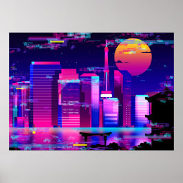 Synthwave Neon City - Tokio glitch Poster