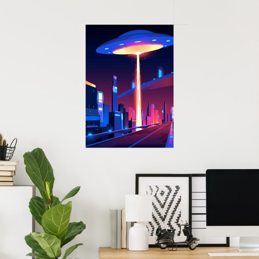 Synthwave Neon City: UFO Poster (Thuiskantoor)