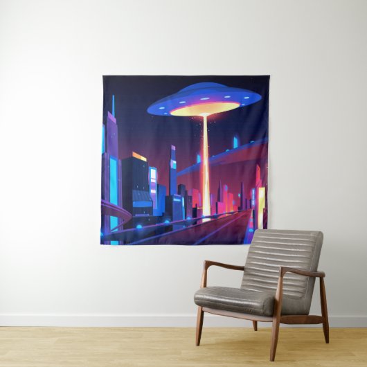 Synthwave Neon City: UFO Wandkleed (In situ)