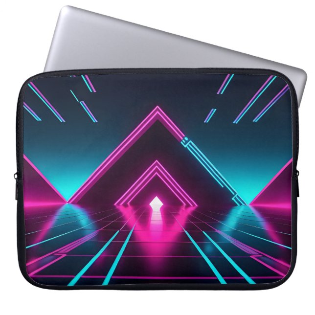 Synthwave Neon Pyramid Tunnel Glowing Cyberpunk Laptop Sleeve (Voorkant)