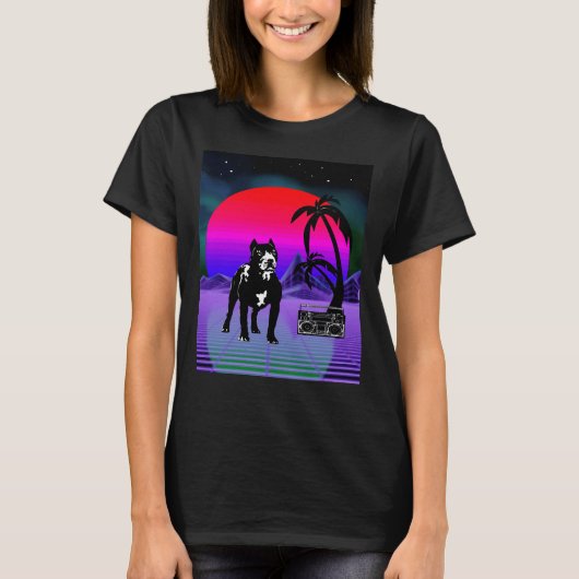 Synthwave Pitbull Hond Retro Boom Box T-shirt (Voorkant)