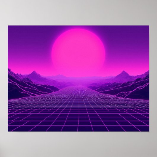Synthwave Retrowave Landschap Cyberpunk Sfeer 80s Poster (Voorkant)