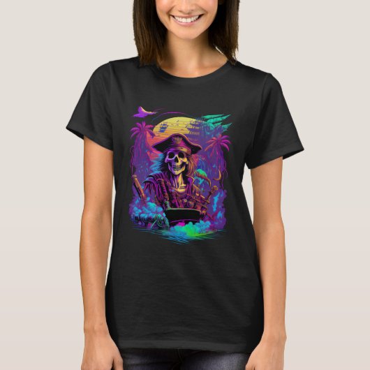 Synthwave Retrowave Pirate Skull Colorful Sunset G T-shirt (Voorkant)