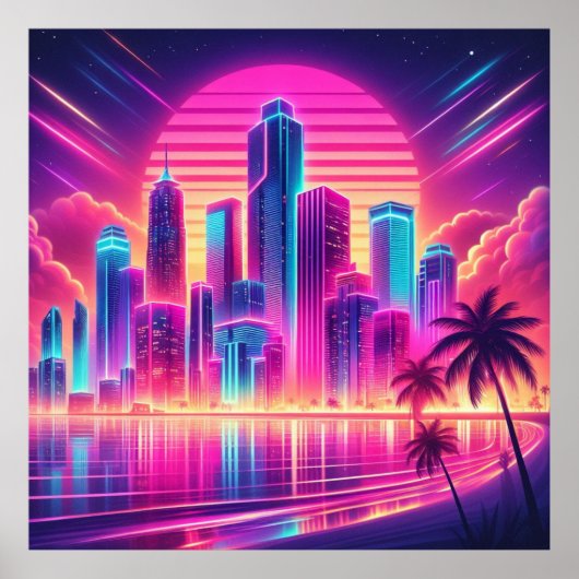 Synthwave Serenity: Neon Sunset Cityscape Poster (Voorkant)