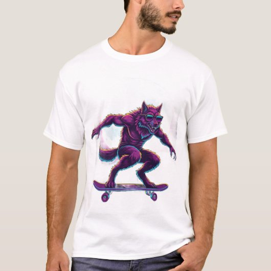 Synthwave Weerwolf Skateboarder T-shirt (Voorkant)