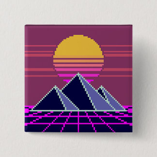 Synthwave zonsondergang boven piramides pixel art  vierkante button 5,1 cm