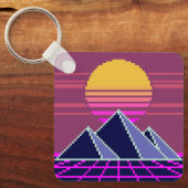 Synthwave zonsondergang over piramides pixel art sleutelhanger (Voorkant)