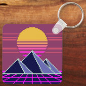 Synthwave zonsondergang over piramides pixel art sleutelhanger (Achterkant)