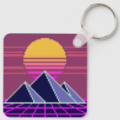 Synthwave zonsondergang over piramides pixel art sleutelhanger (Achterkant)