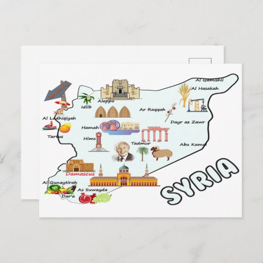 Syrië kaart, namen van grote steden vlag Syrisch n Briefkaart (Voorkant / Achterkant)