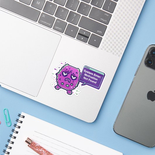 System Error: Motivation Not Found | Funny Glitch Sticker (Laptop met iPhone)