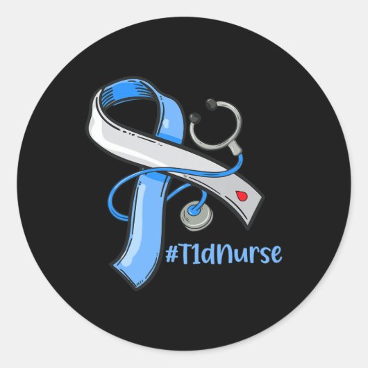 T1d Nurse Blue Ribbon Stethoscope Diabetes Awarene Ronde Sticker (Voorkant)