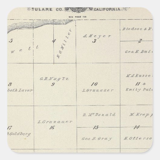 T23S R22E Tulare County Section Map Vierkante Sticker (Voorkant)