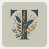 T botanisch monogram vierkante sticker (Voorkant)