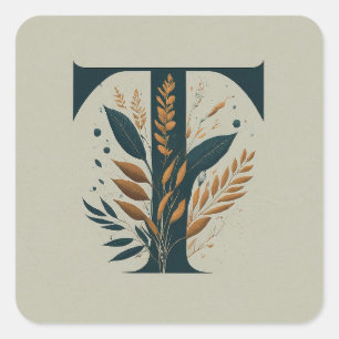 T botanisch monogram vierkante sticker