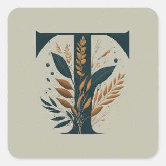 T botanisch monogram vierkante sticker