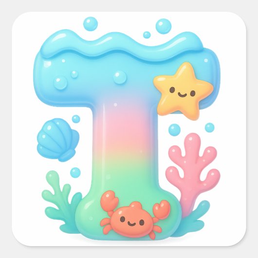 "T" Cute Letter - Underwater Sea Creature Vierkante Sticker (Voorkant)