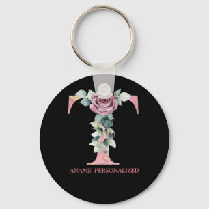 T Floral Monogram Name Letters Roze Agate Sleutelh Sleutelhanger
