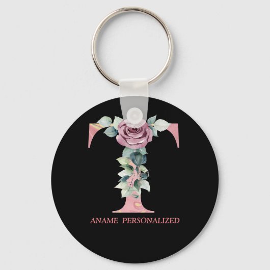 T Floral Monogram Name Letters Roze Agate Sleutelh Sleutelhanger (Voorkant)