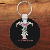 T Floral Monogram Name Letters Roze Agate Sleutelh Sleutelhanger (Voorkant)