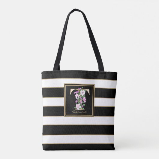 T Gold Floral Monogram | Zwarte witte gouden strep Tote Bag (Achterkant)