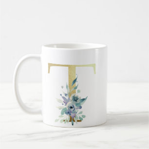 T gouden initiaal met blauw bloemblad koffiemok