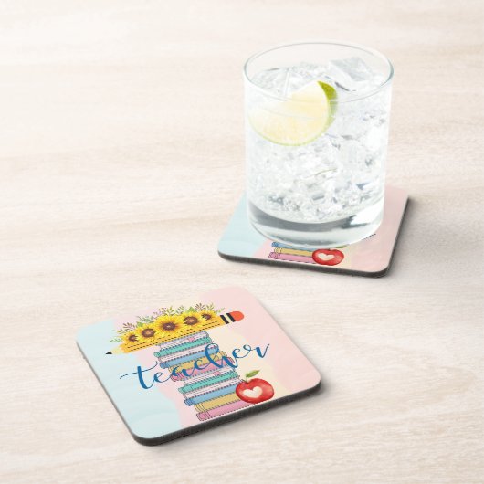 T is voor leraar Floral Pencil Books Apple Bier Onderzetter (Rechterzijde)