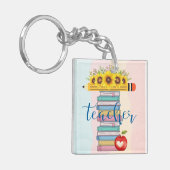 T is voor leraar Floral Pencil Books Apple Sleutelhanger (Voorkant Links)