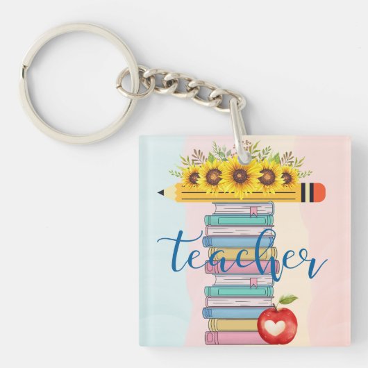 T is voor leraar Floral Pencil Books Apple Sleutelhanger (Voorkant)