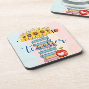 T is voor Teacher Bloemige Potlood Boeken Appel Bier Onderzetter