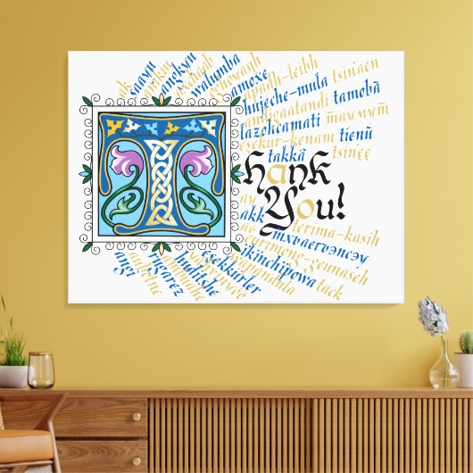 T is voor Thank You Canvas Print - Blauw & Goud (Insitu (Woonkamer))