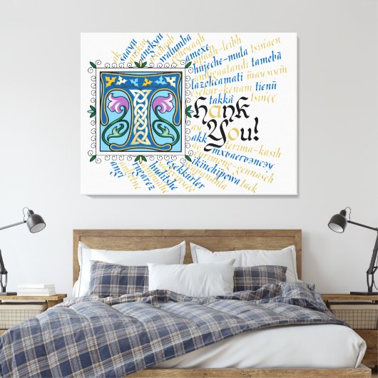 T is voor Thank You Canvas Print - Blauw & Goud (Insitu (Slaapkamer))