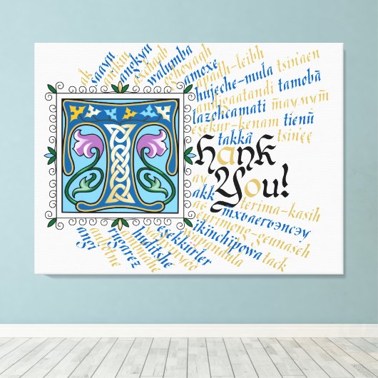 T is voor Thank You Canvas Print - Blauw & Goud (Insitu (Houten vloer))