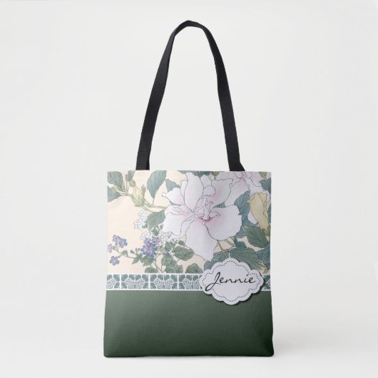 T Kônan Wood Block Print "Hibiscus en Browallia" Tote Bag (Voorkant)