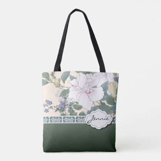 T Kônan Wood Block Print "Hibiscus en Browallia" Tote Bag (Achterkant)