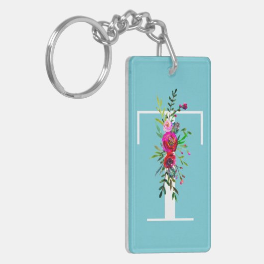 T Letter Initiaal Monogram Floral Aangepaste kleur Sleutelhanger (Voorkant Links)