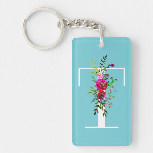 T Letter Initiaal Monogram Floral Aangepaste kleur Sleutelhanger (Voorkant)