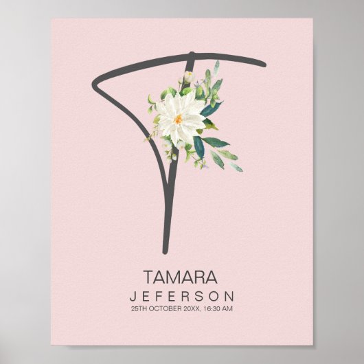 T Letter Monogram Blush Floral Decor Poster (Voorkant)
