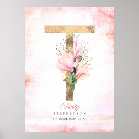 T Letter Monogram Gold Leaves Pink Magnolia Floral Poster (Voorkant)
