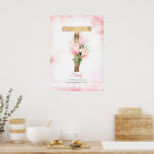T Letter Monogram Gold Leaves Pink Magnolia Floral Poster (Keuken)