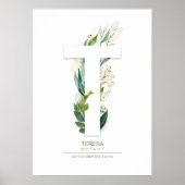 T Letter Monogram Goud Groene Bladeren Chic Poster (Voorkant)