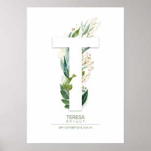 T Letter Monogram Goud Groene Bladeren Chic Poster