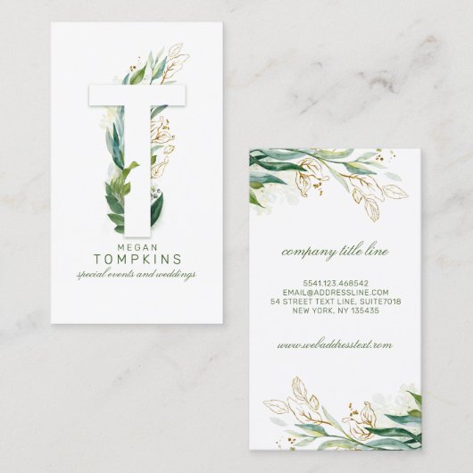 T Letter Monogram Gouden Greenery Bladeren Elegant Visitekaartje (Voorkant / Achterkant)