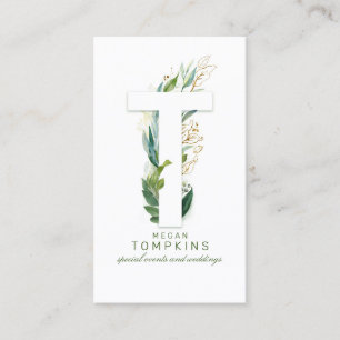 T Letter Monogram Gouden Greenery Bladeren Elegant Visitekaartje