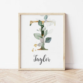 T Letter Monogram Groene Nursery Naam Muurprint Poster