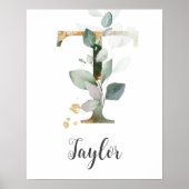 T Letter Monogram Groene Nursery Naam Muurprint Poster (Voorkant)
